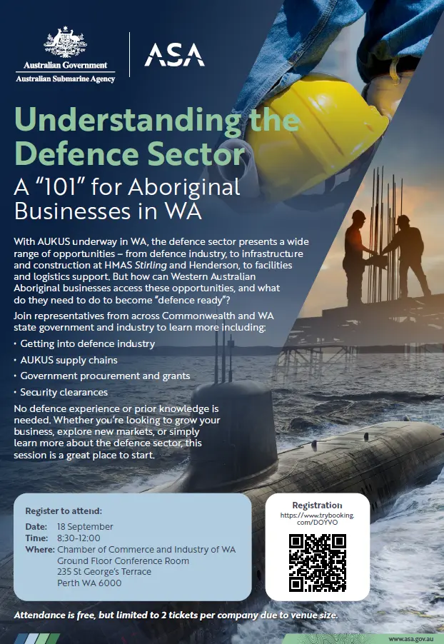 ABDWA-ASA Understanding the Defence Sector: A “101” for Aboriginal Businesses in WA — event artwork, Perth, WA
